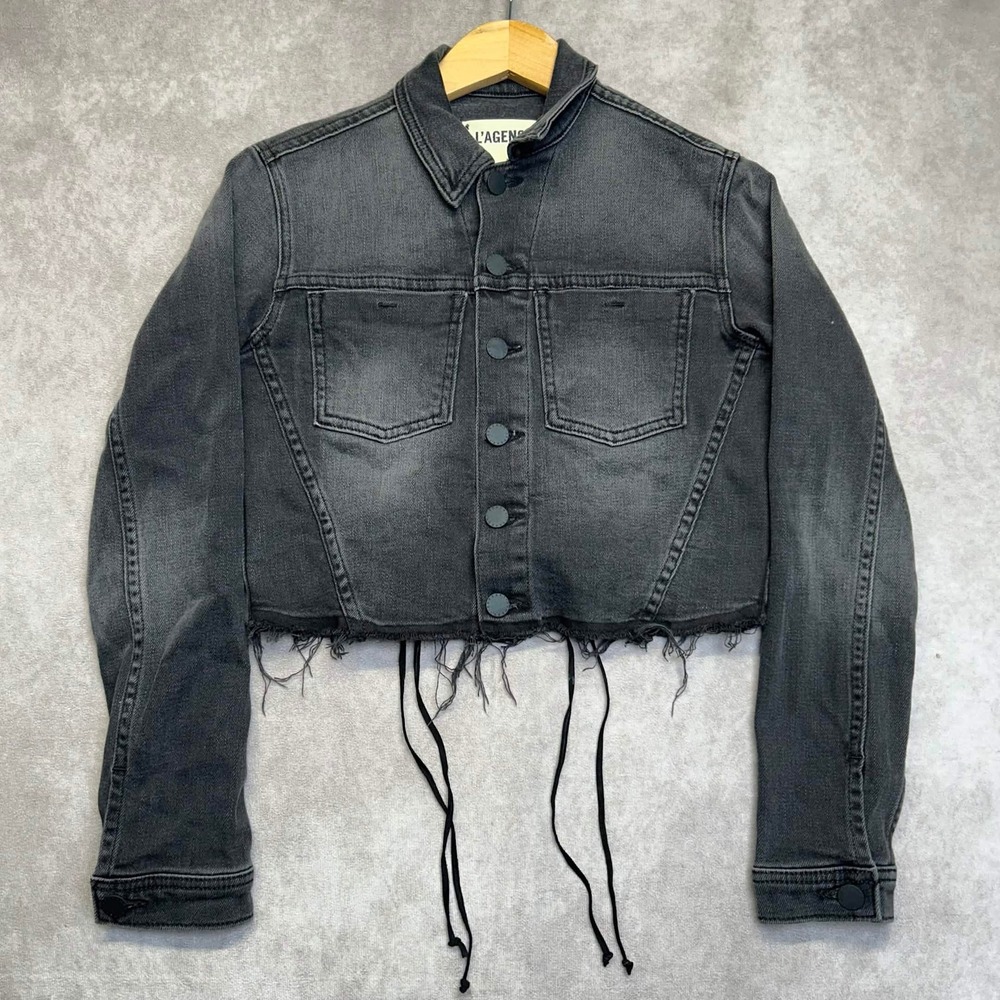 L'AGENCE Zuma Cropped Denim Jacket Lace Up Back Vintage Black XS